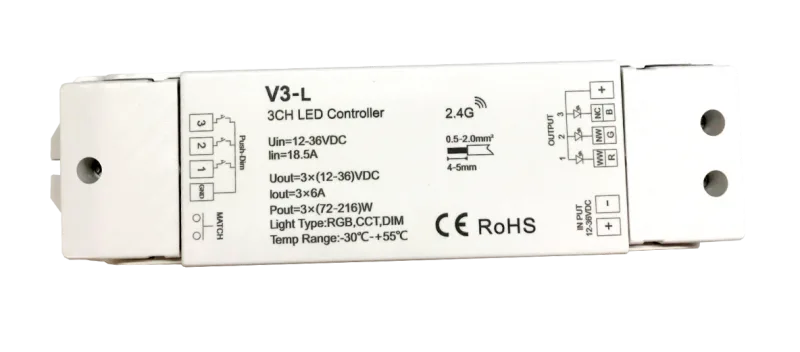 Контроллер V3-L 18,5A (для RGB CCT DIM ленты) 12-36vDC Думлайт