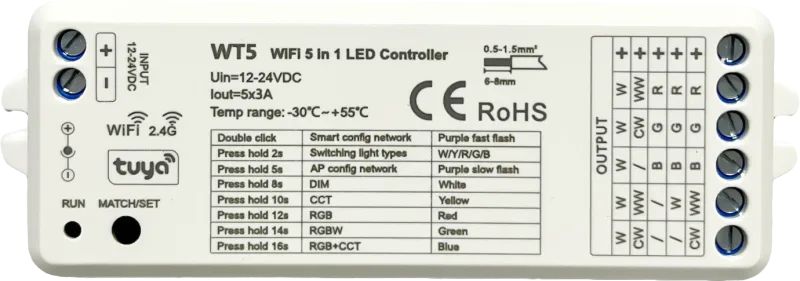 Контроллер WIFI Smart 5 в 1 WT5 DIM(15A)\RGB(9A)\RGBW(12A)\CCT(12A) 5*3A = 15A, 12-24v